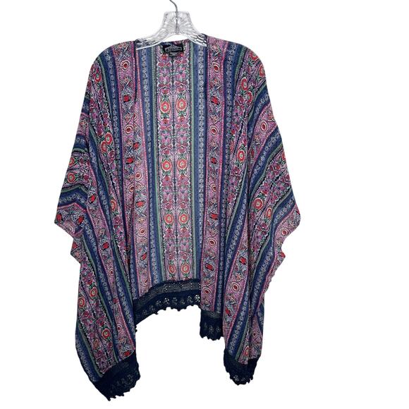 Angie Boho Kimono Cardigan Open Front Floral Paisley Lace Trim Multicolor 3X - Picture 1 of 5